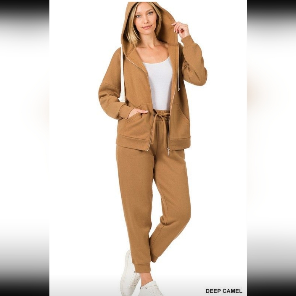 NWT Zenana French Terry Zip Jacket and Jogger Pant Set Deep Camel Size 3XL